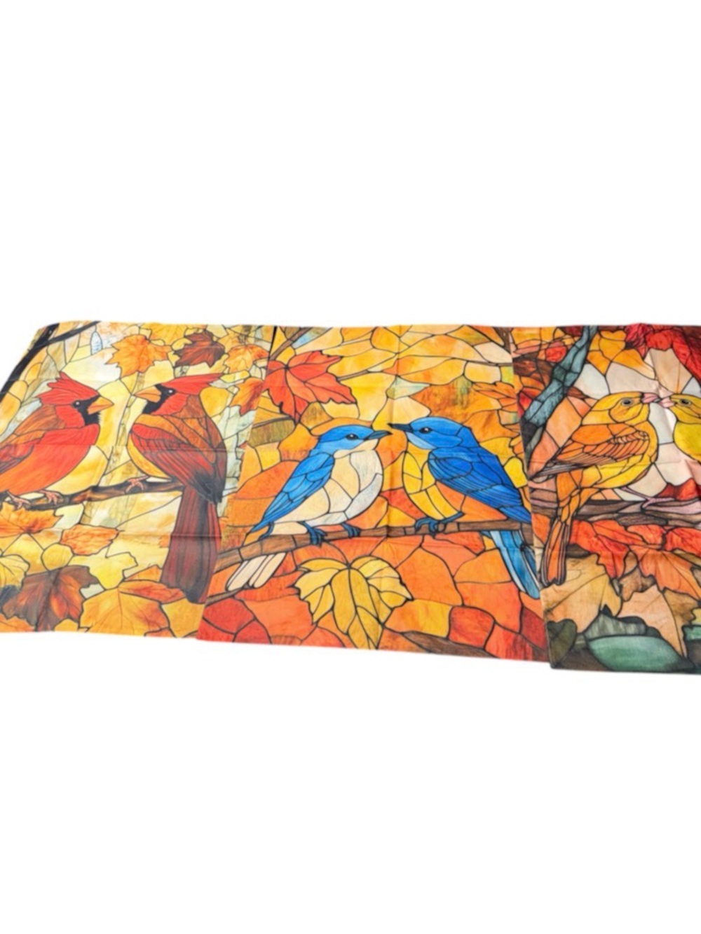 Autumn Birds Stained Glass Print Scarf - Orange, Blue, Red